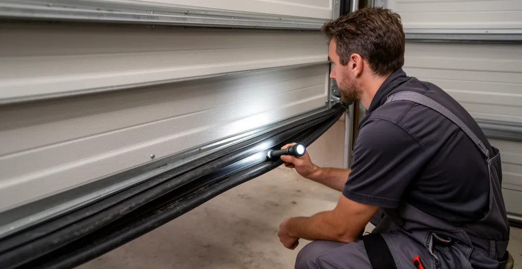 Technicien en portes de garage accroupi inspectant le coupe-froid au bas d'une porte, lampe de poche dirigée vers le joint