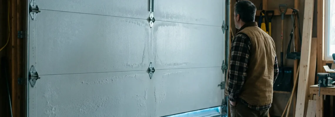 Intérieur de garage résidentiel québécois en hiver, porte fermée avec condensation et filet de lumière froide au bas