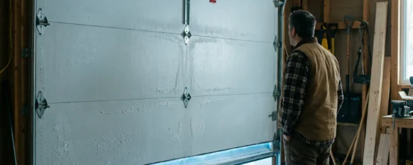 Intérieur de garage résidentiel québécois en hiver, porte fermée avec condensation et filet de lumière froide au bas